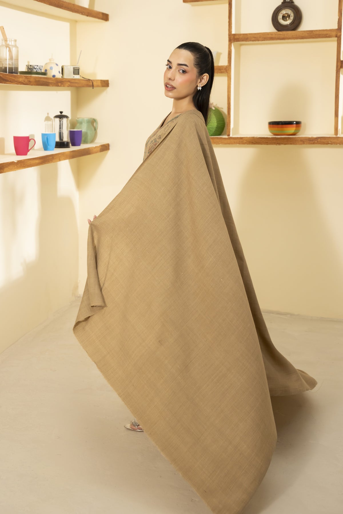 Plain Pashmina Wool Shawl-Beige