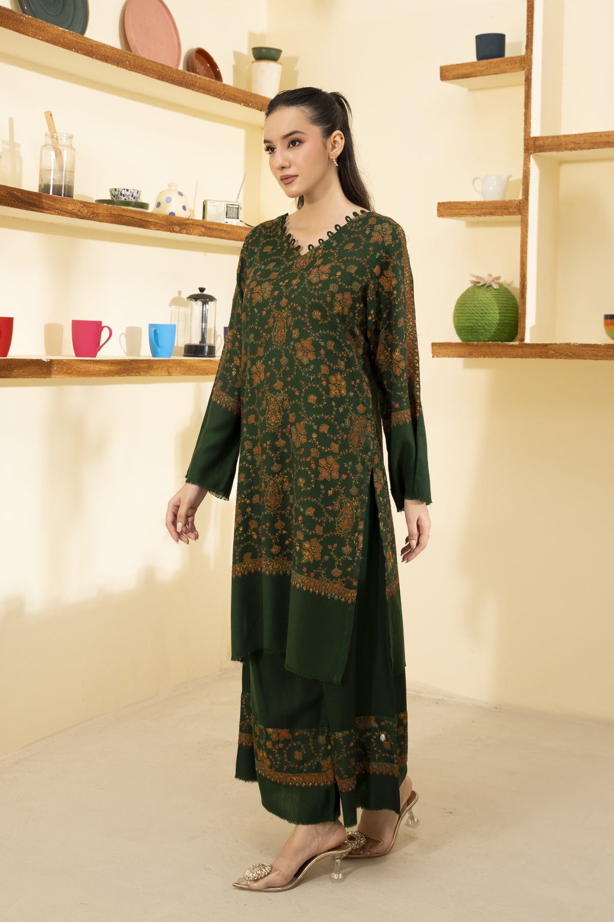 Hand Embroidered Pashmina Wool Coord Set - Green