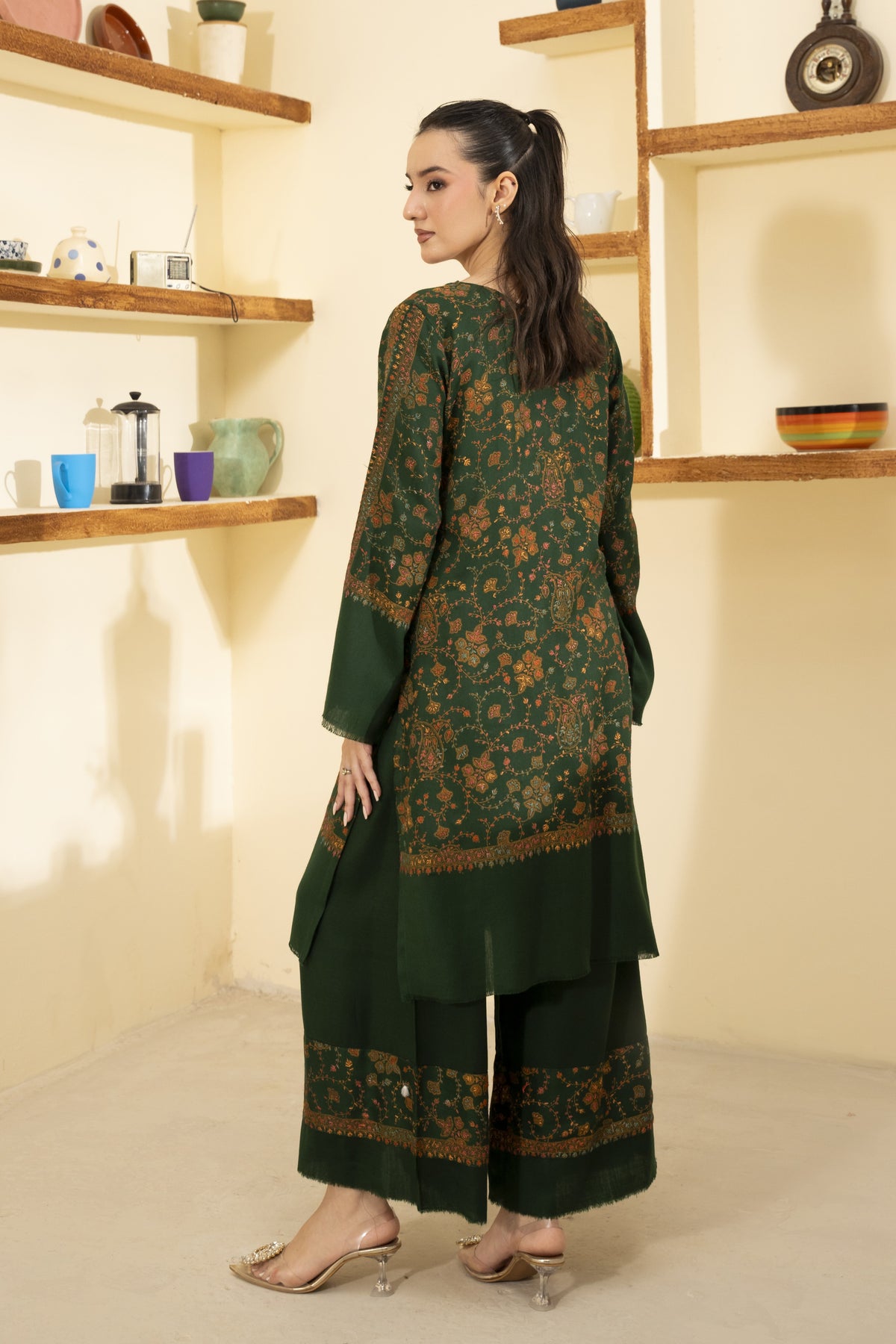 Hand Embroidered Pashmina Wool Coord Set - Green