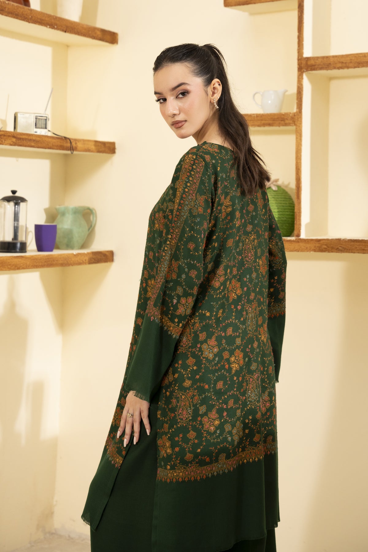 Hand Embroidered Pashmina Wool Coord Set - Green