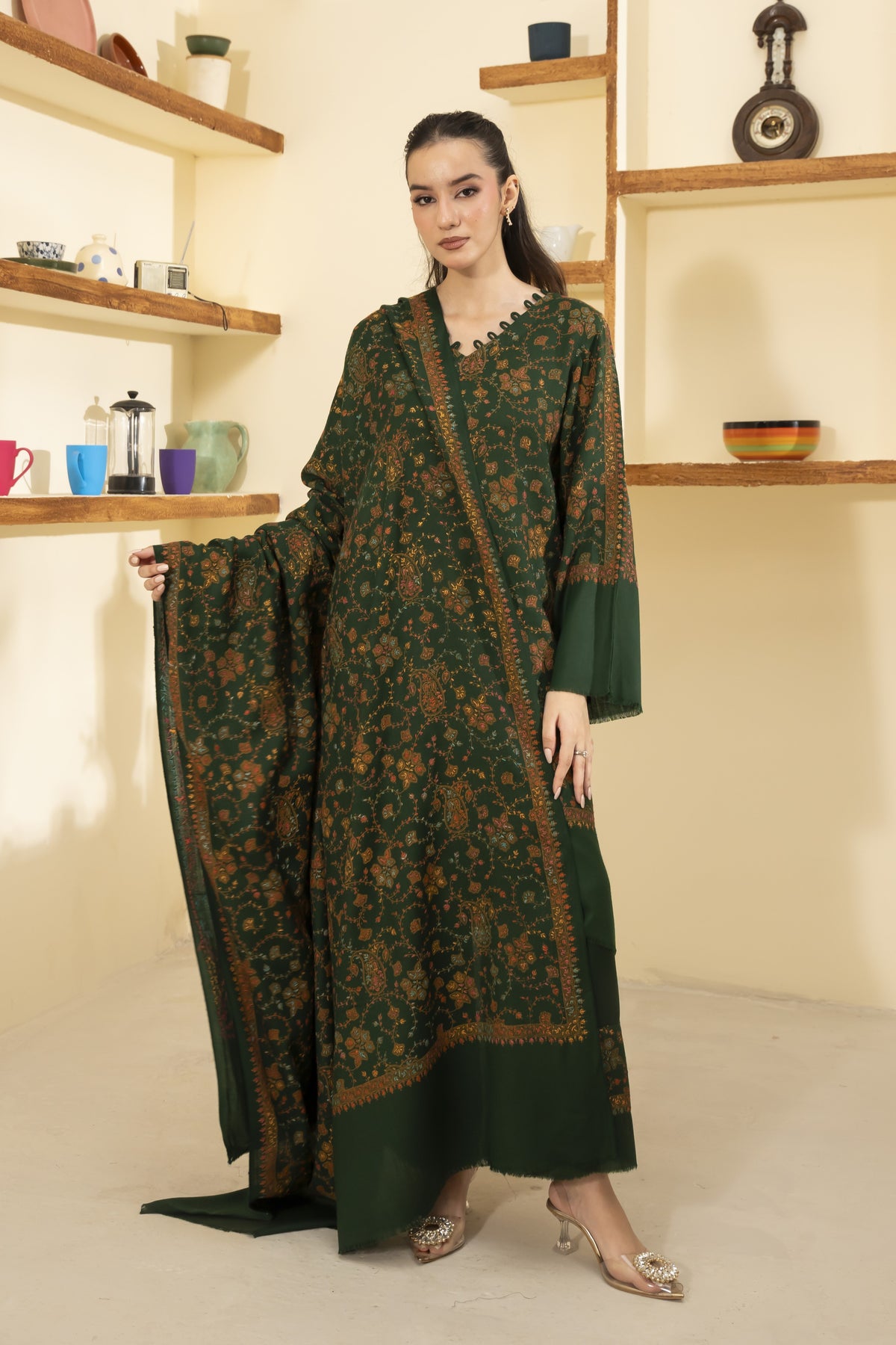 Green Pashmina Needlework Shawl