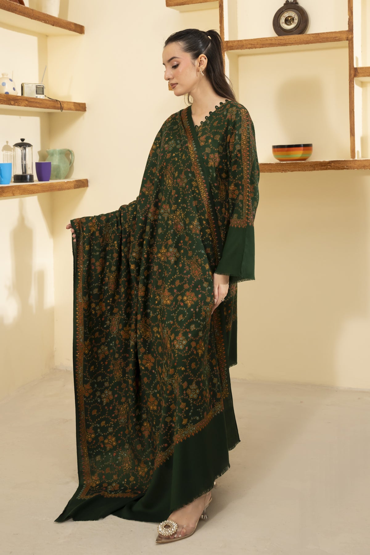 Green Pashmina Needlework Shawl