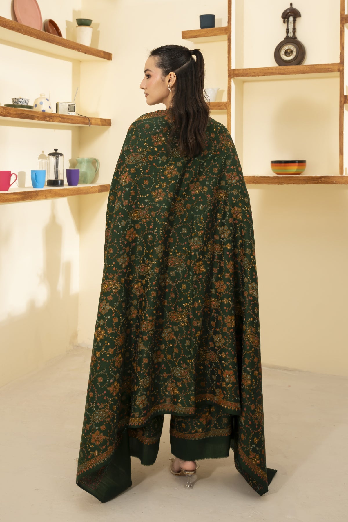 Green Pashmina Needlework Shawl