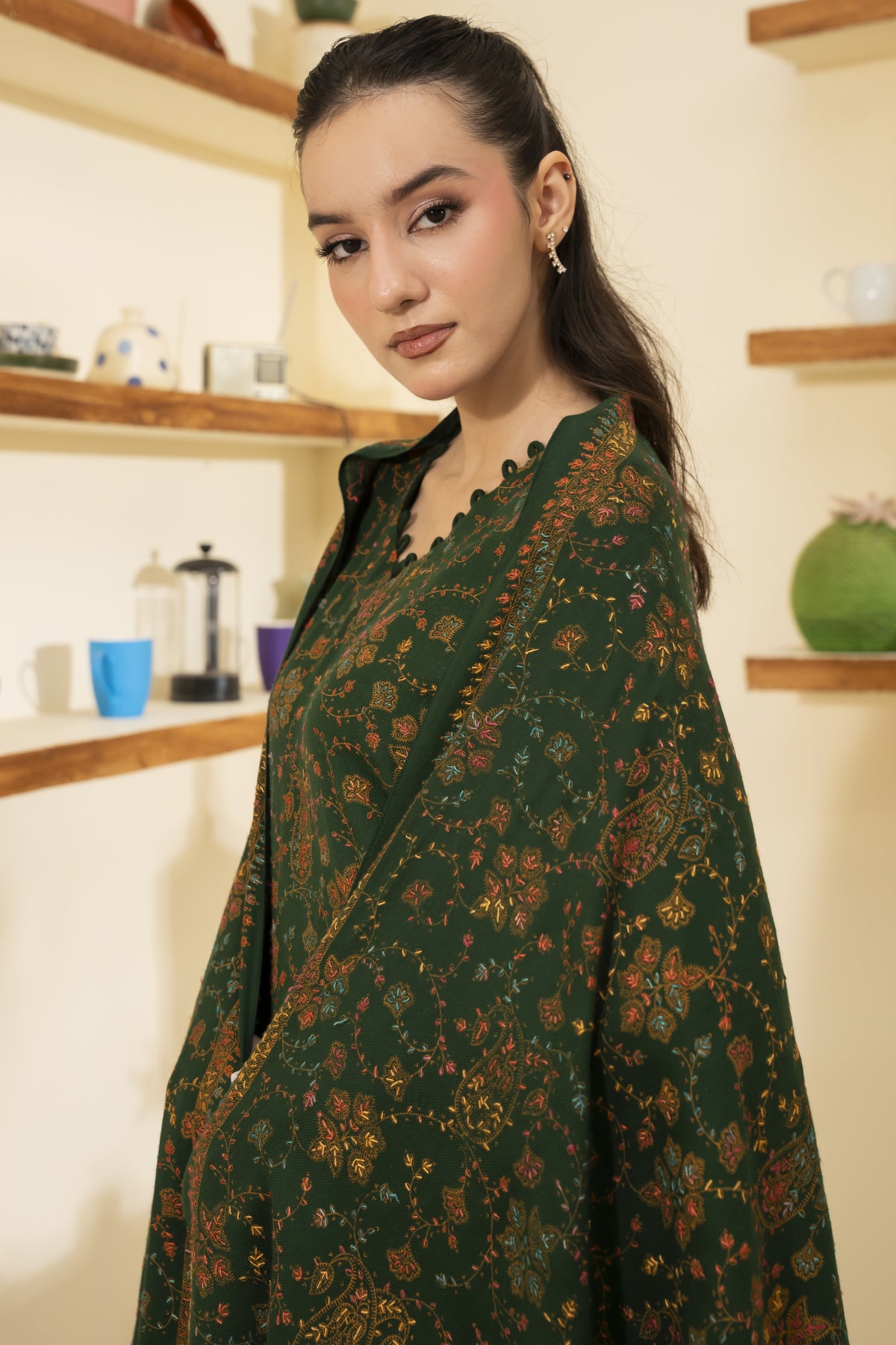 Green Pashmina Needlework Shawl