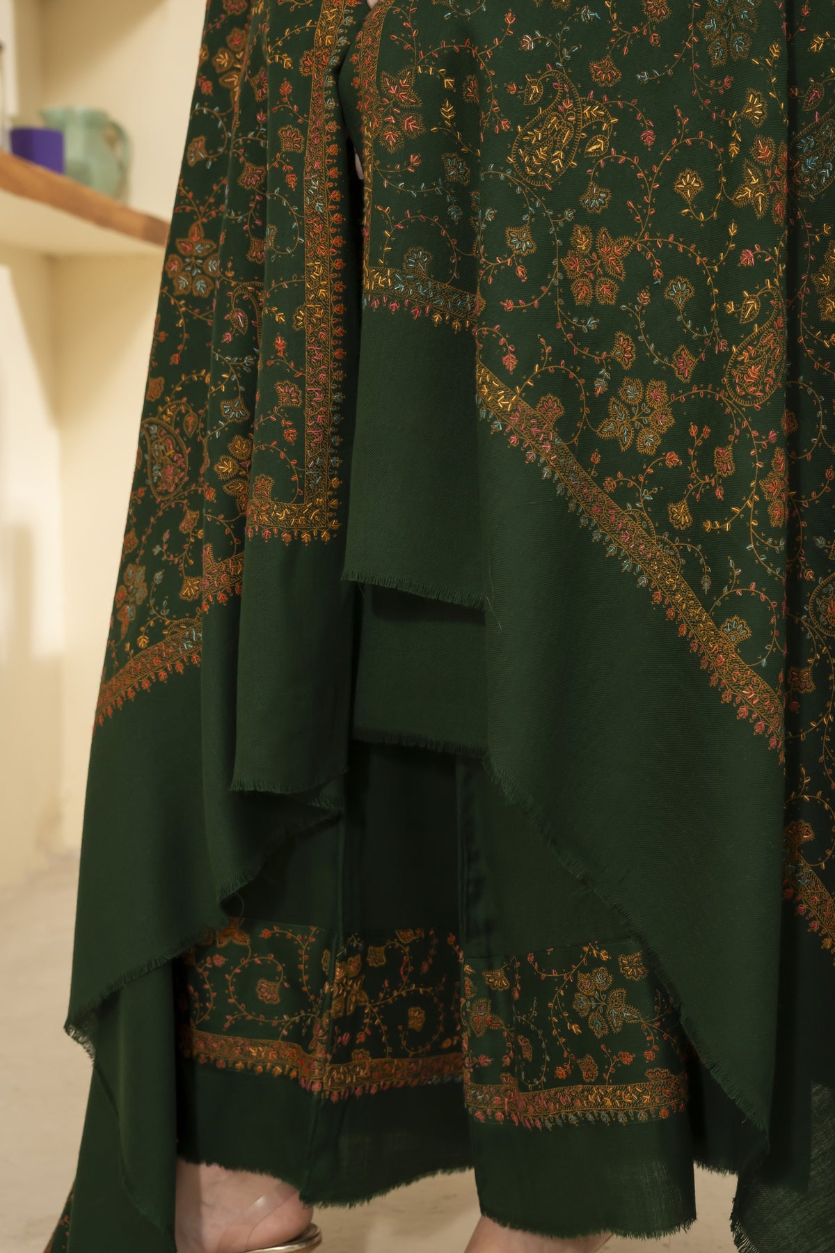 Green Pashmina Needlework Shawl