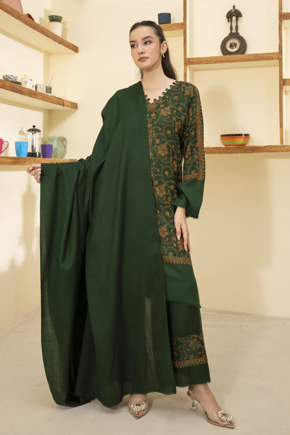 Plain Pashmina Wool Shawl-Green