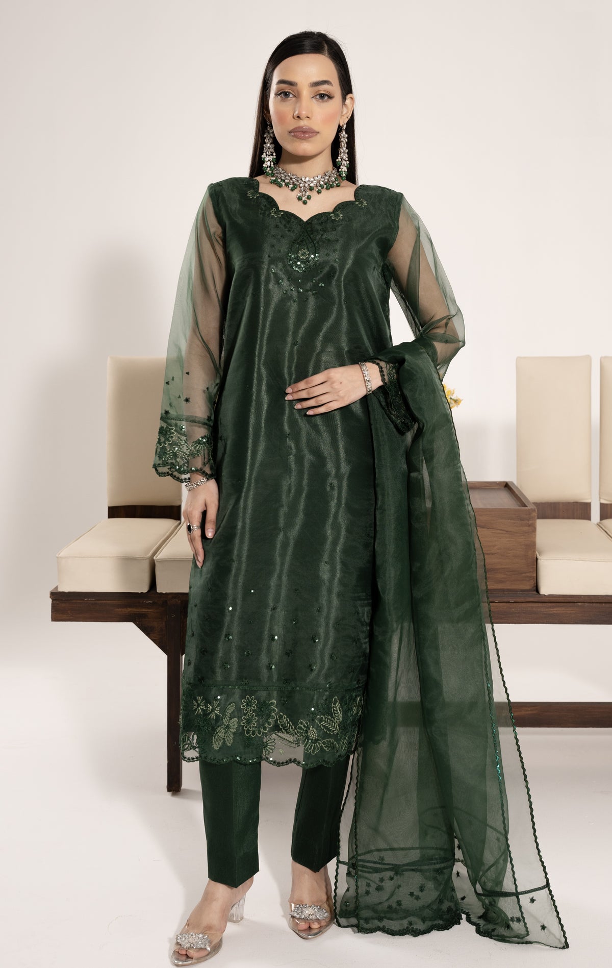 Organza 3pc Suit-Bottle Green