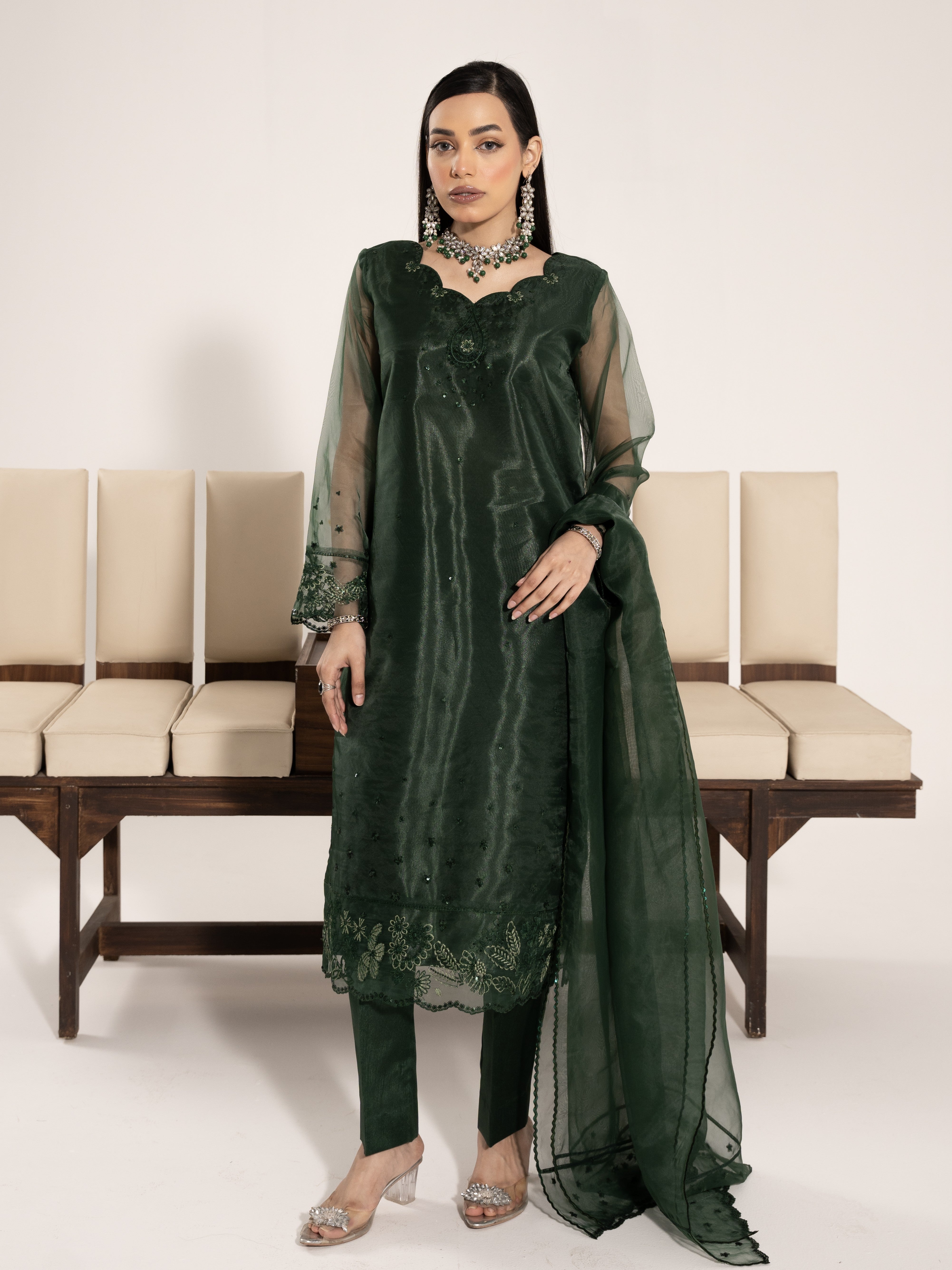 Organza 3pc Suit-Bottle Green