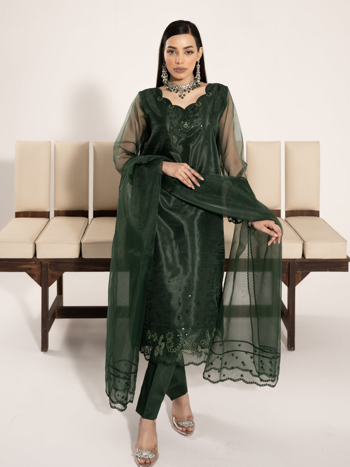 Organza 3pc Suit-Bottle Green