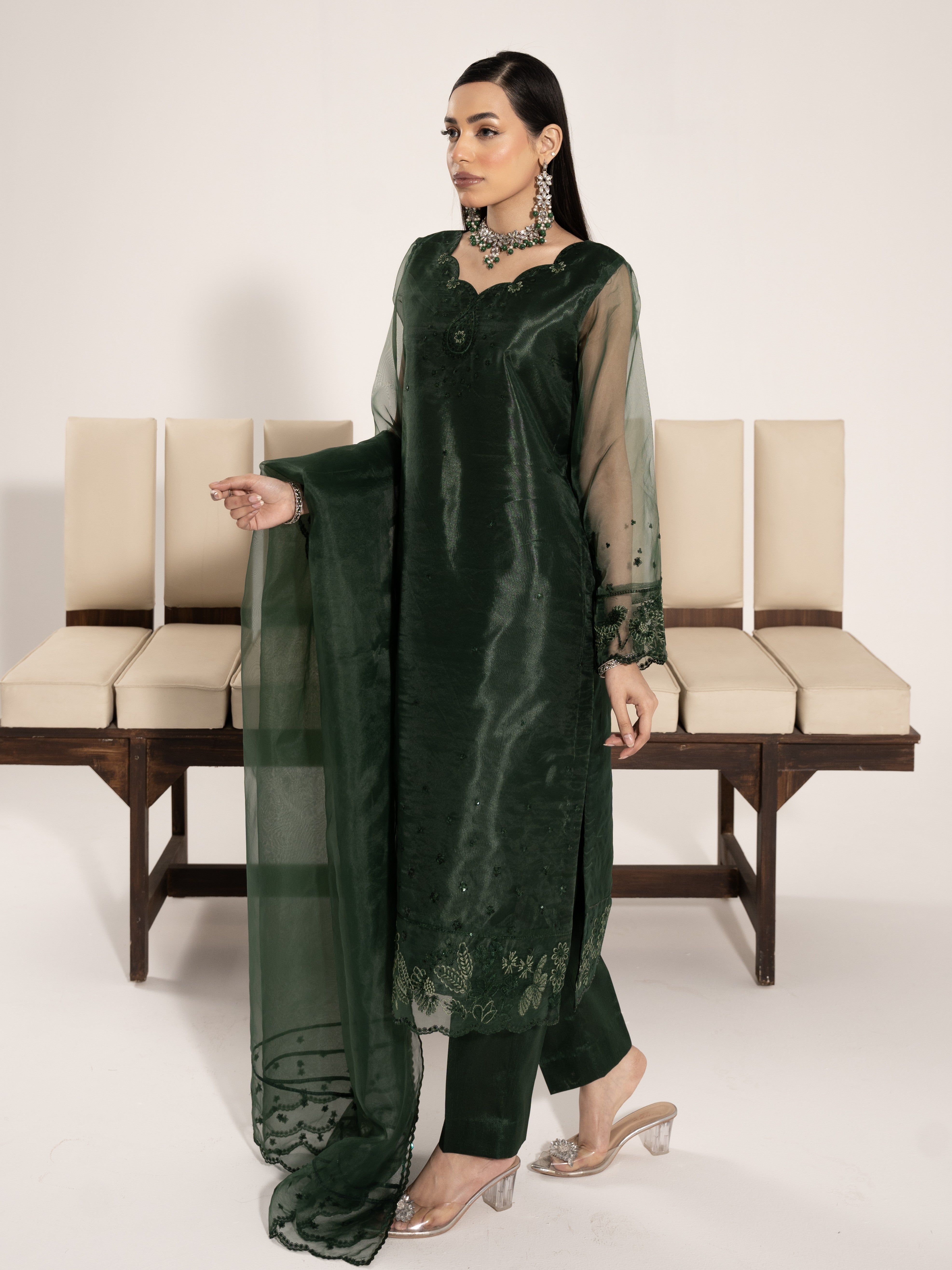 Organza 3pc Suit-Bottle Green