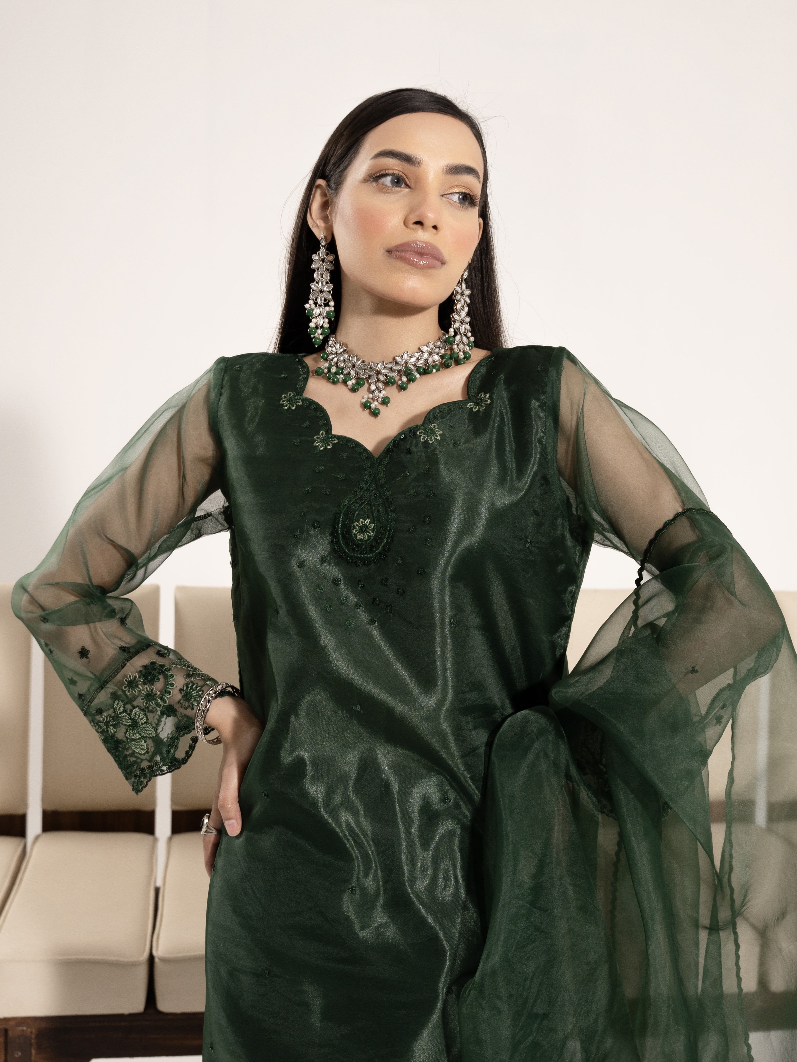 Organza 3pc Suit-Bottle Green