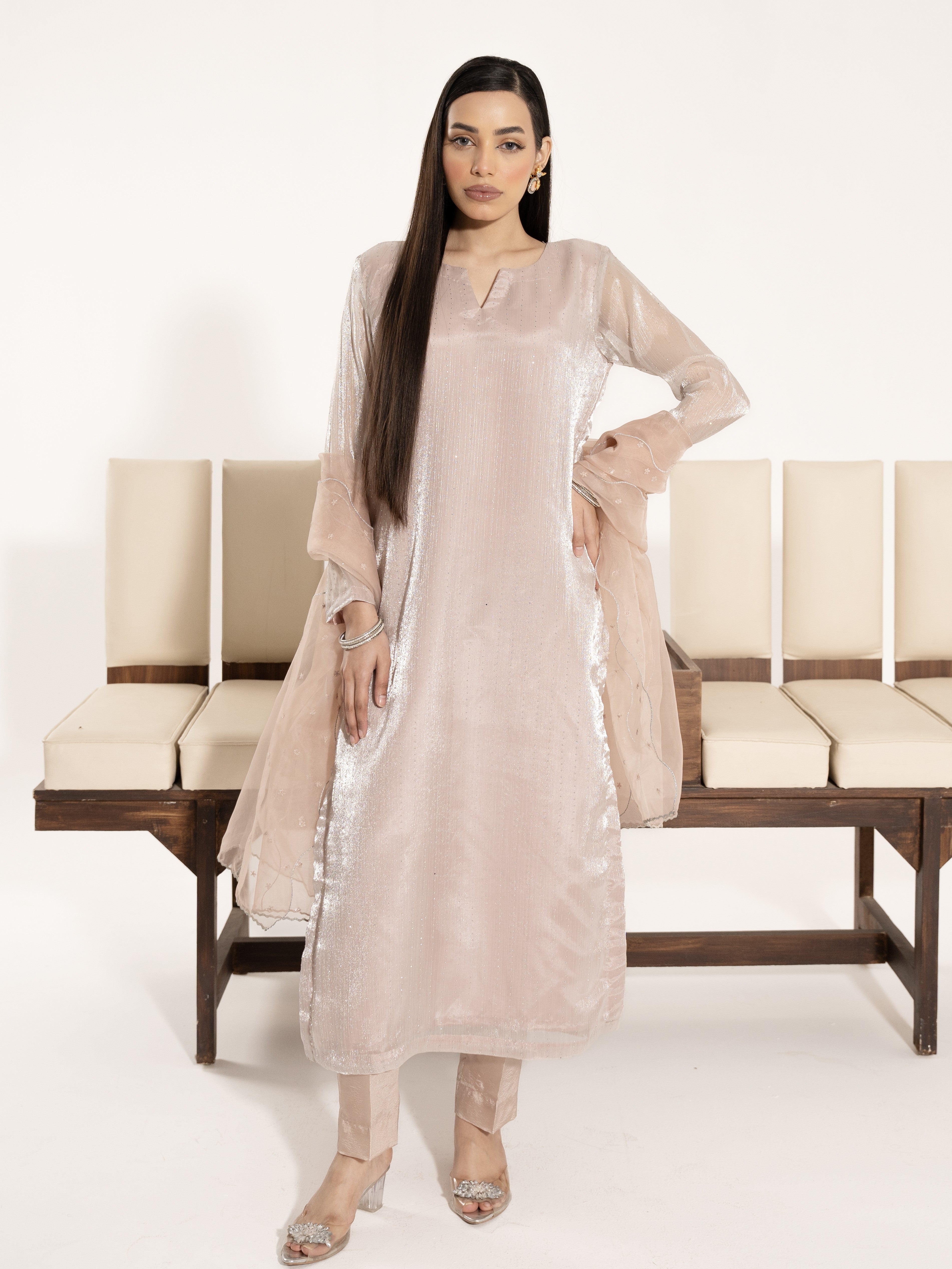 Swarovski Hand Embellished Silk 3pc Suit-Ivory Pink