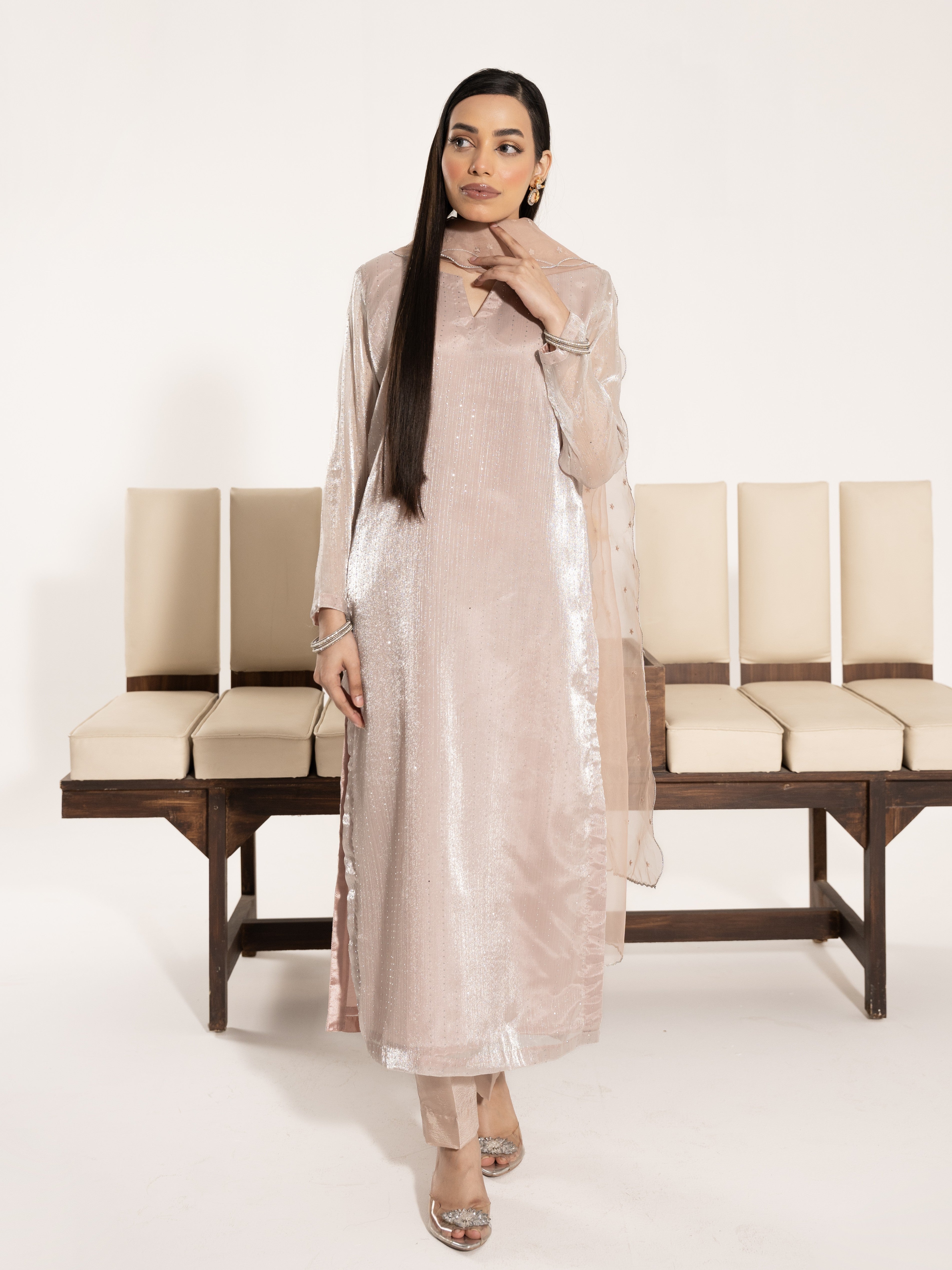 Swarovski Hand Embellished Silk 3pc Suit-Ivory Pink