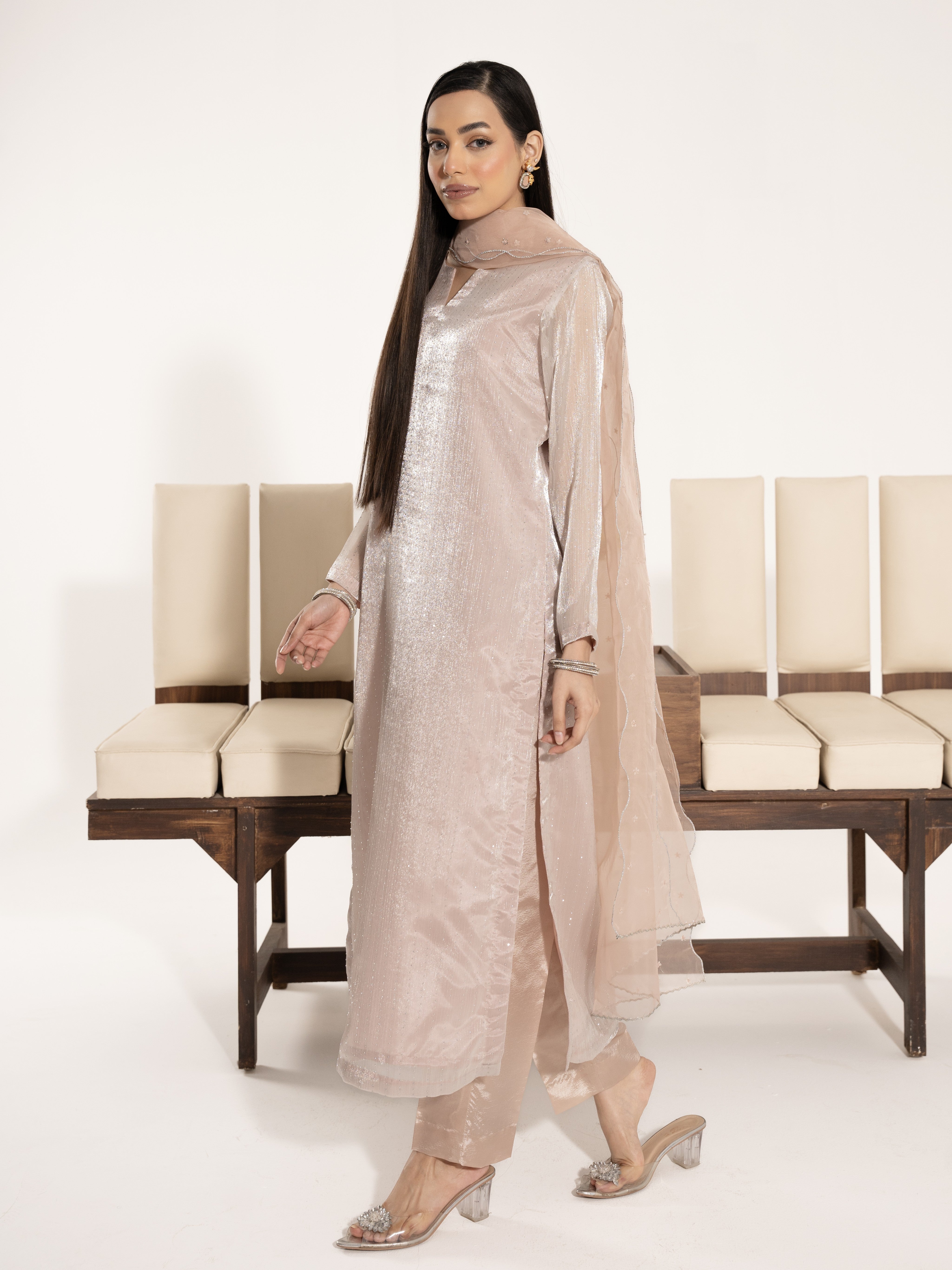 Swarovski Hand Embellished Silk 3pc Suit-Ivory Pink
