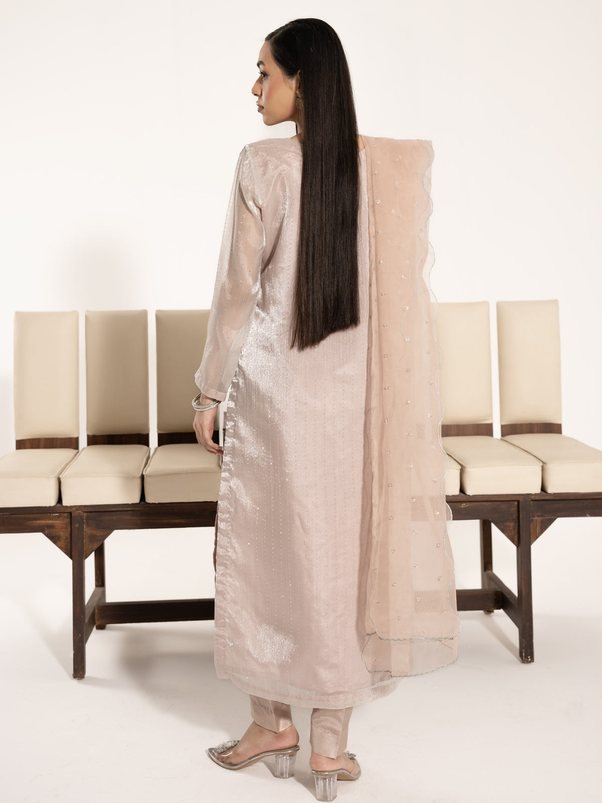 Swarovski Hand Embellished Silk 3pc Suit-Ivory Pink
