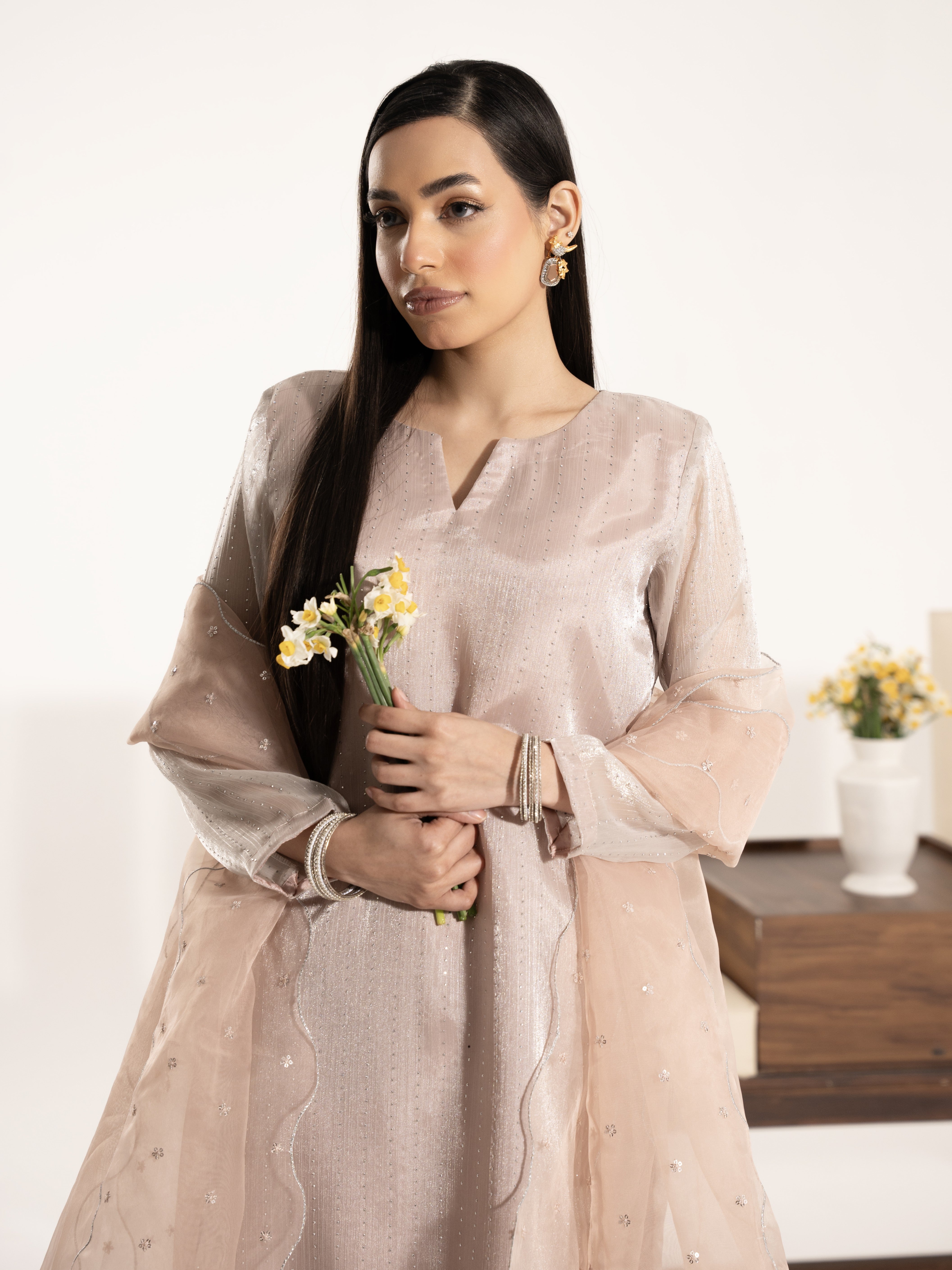 Swarovski Hand Embellished Silk 3pc Suit-Ivory Pink