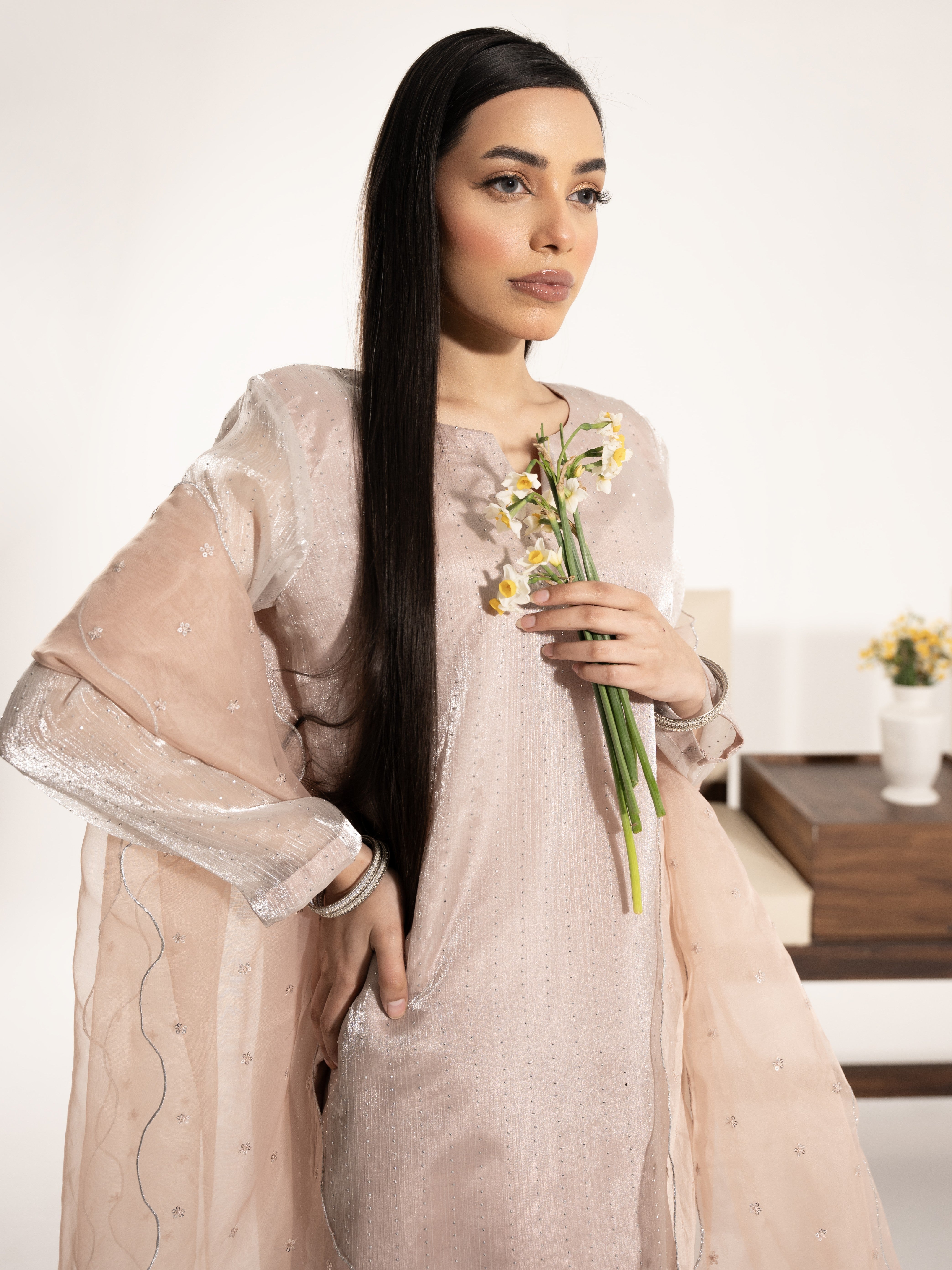 Swarovski Hand Embellished Silk 3pc Suit-Ivory Pink