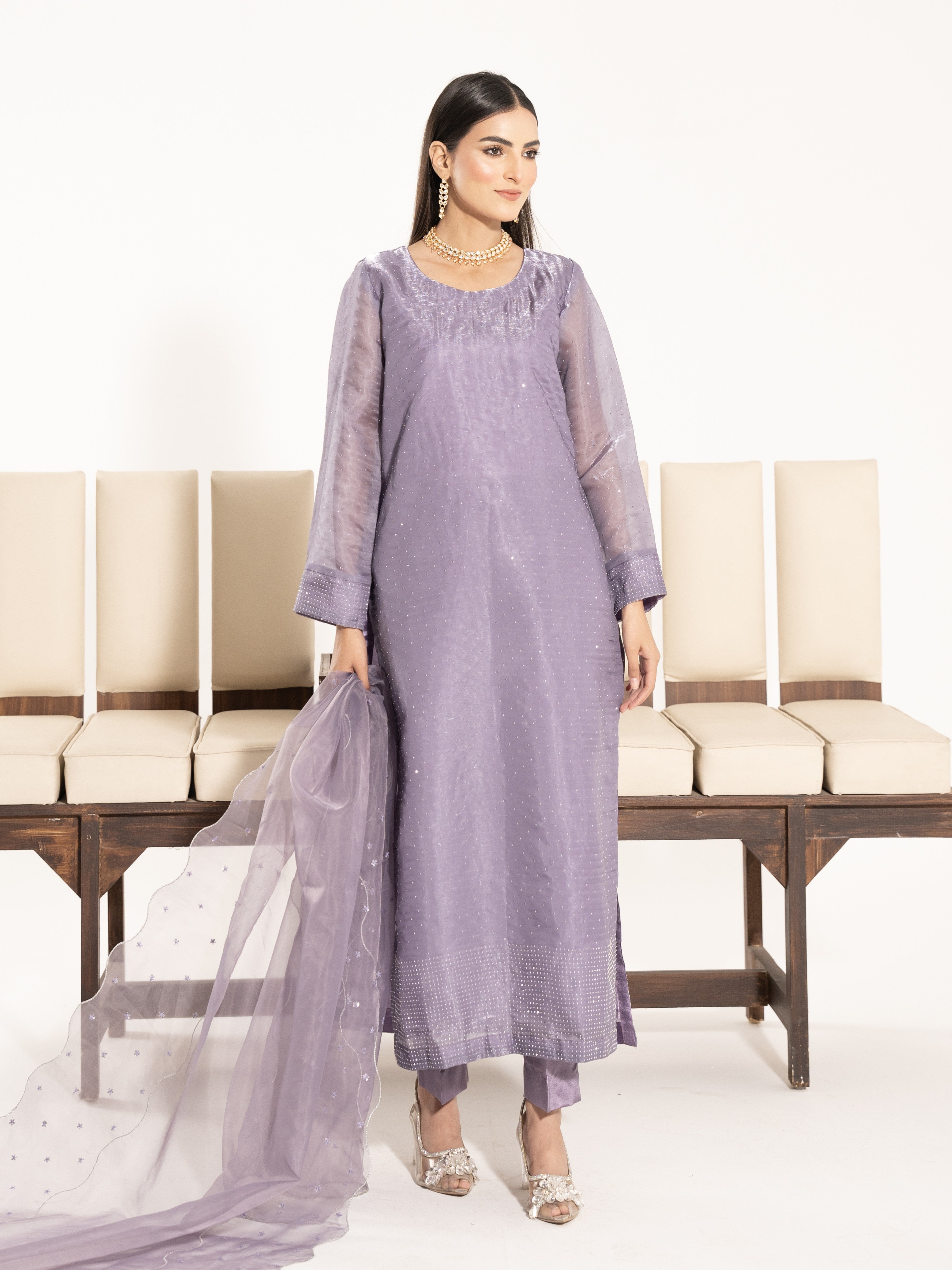 Swarovski Hand Embellished Silk 3pc Suit-Lilac