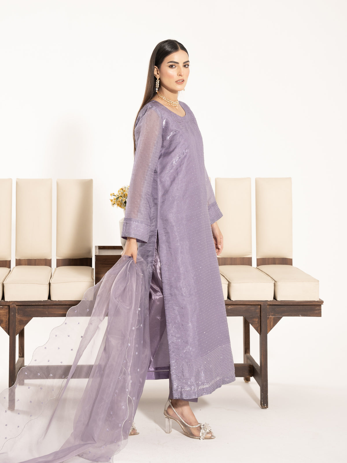 Swarovski Hand Embellished Silk 3pc Suit-Lilac