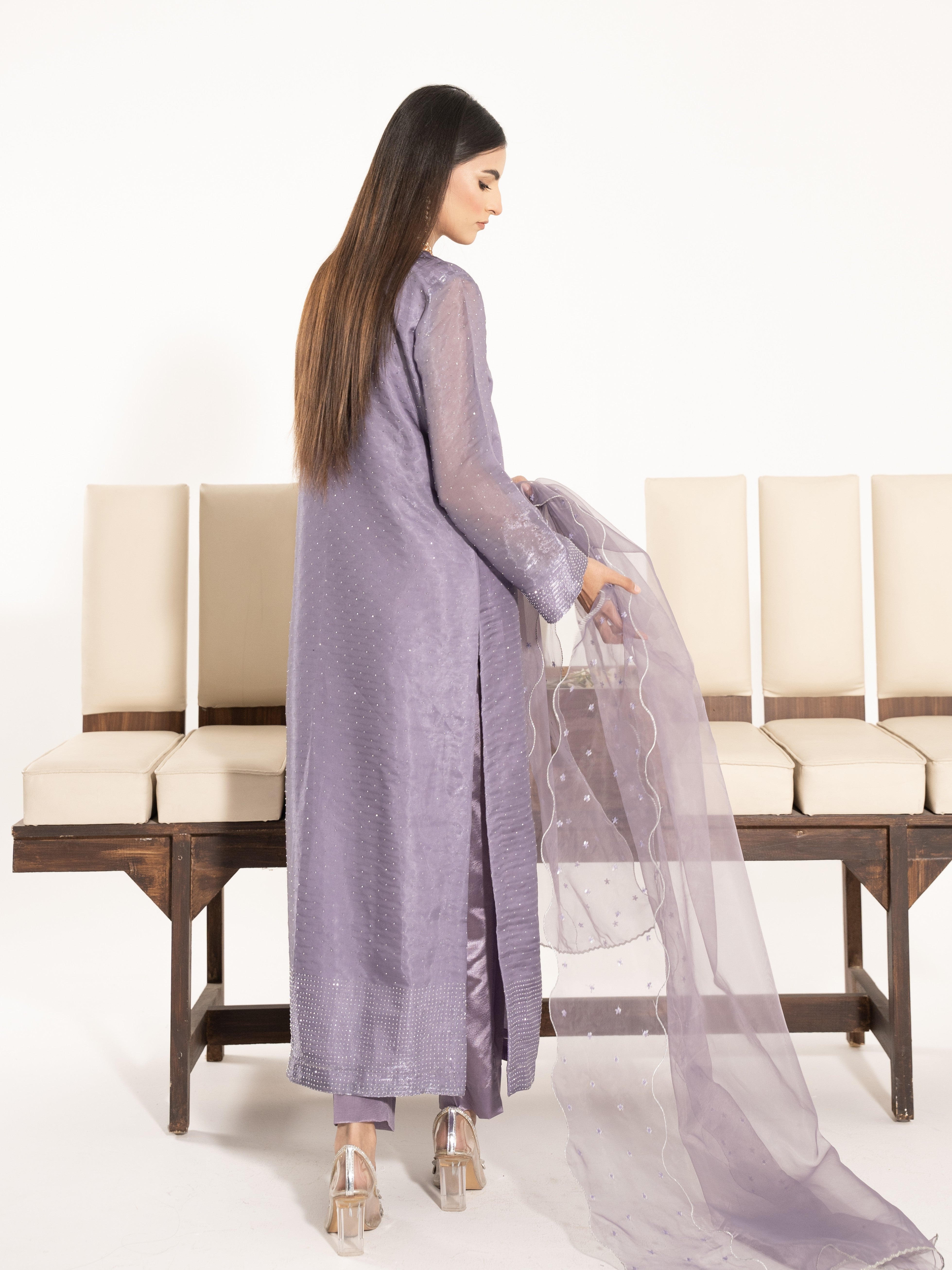Swarovski Hand Embellished Silk 3pc Suit-Lilac