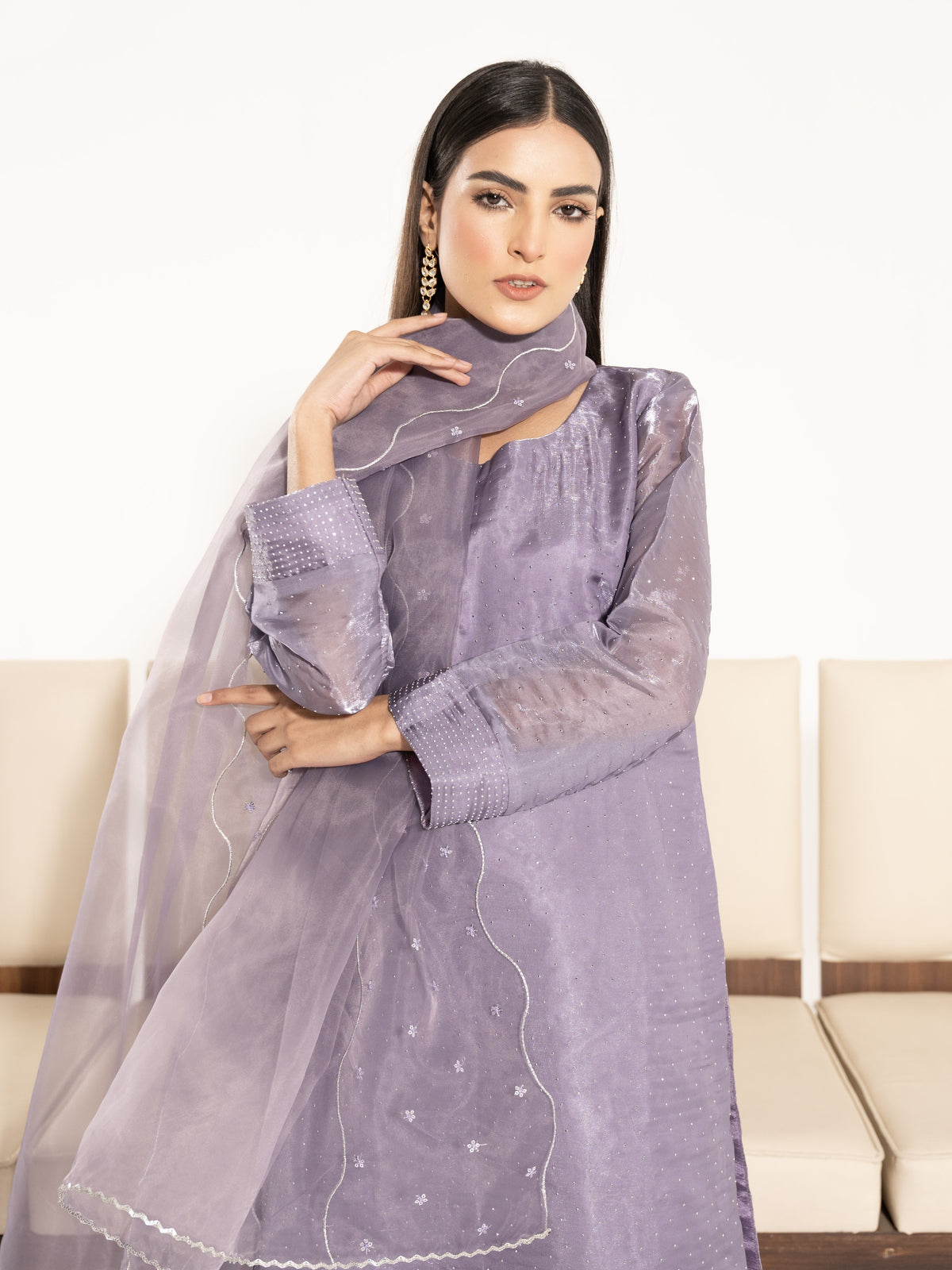 Swarovski Hand Embellished Silk 3pc Suit-Lilac