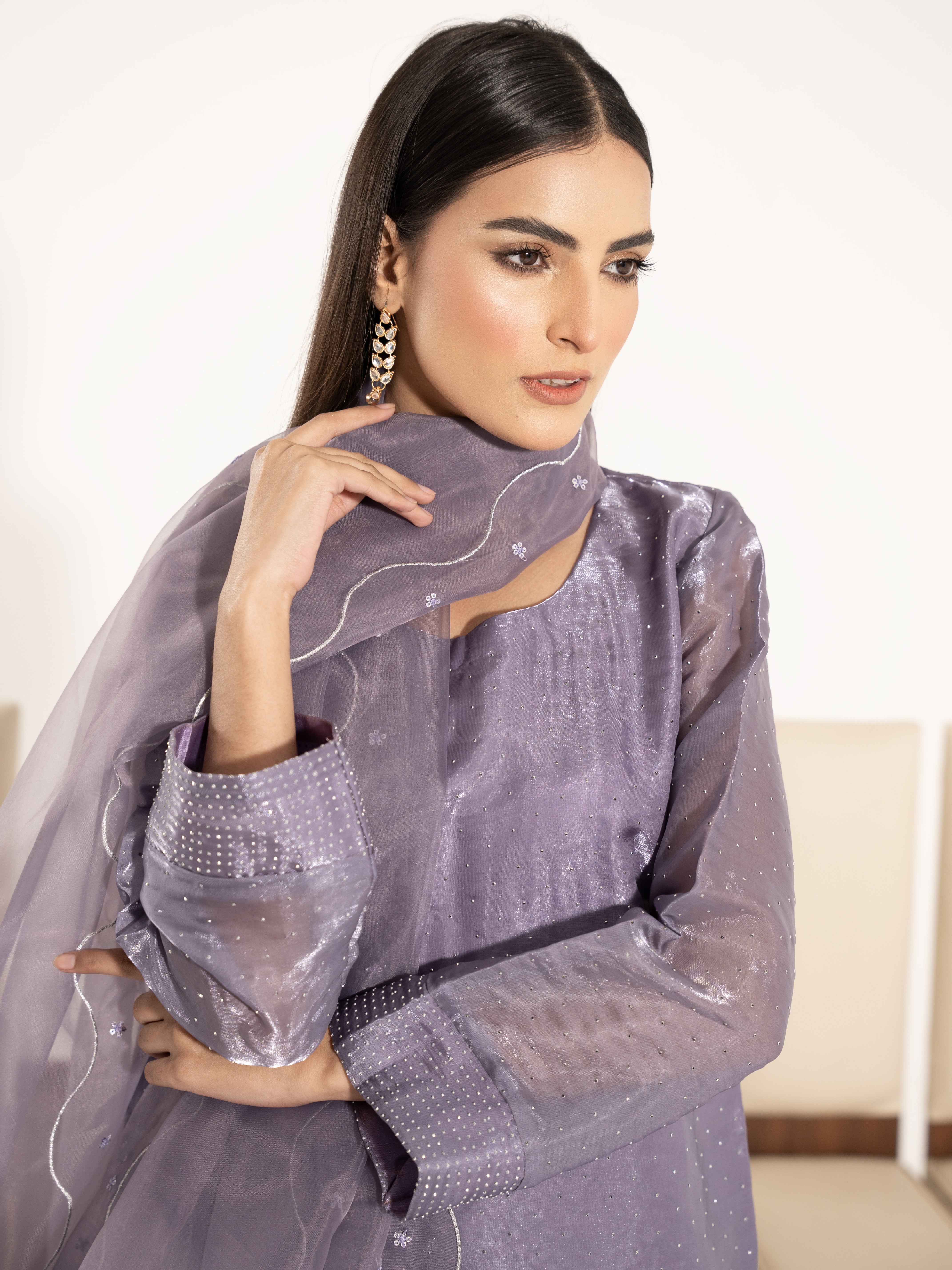 Swarovski Hand Embellished Silk 3pc Suit-Lilac