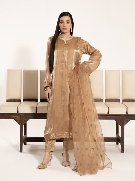 Sheesha Silk 3pc Suit- Antique Gold