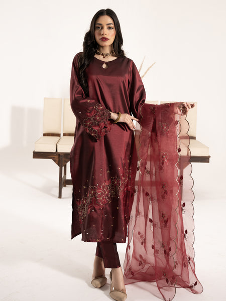 Swarovski Hand Embellished Silk 3pc Suit-Burnt Maroon