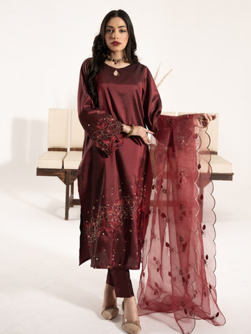 Swarovski Hand Embellished Silk 3pc Suit-Burnt Maroon