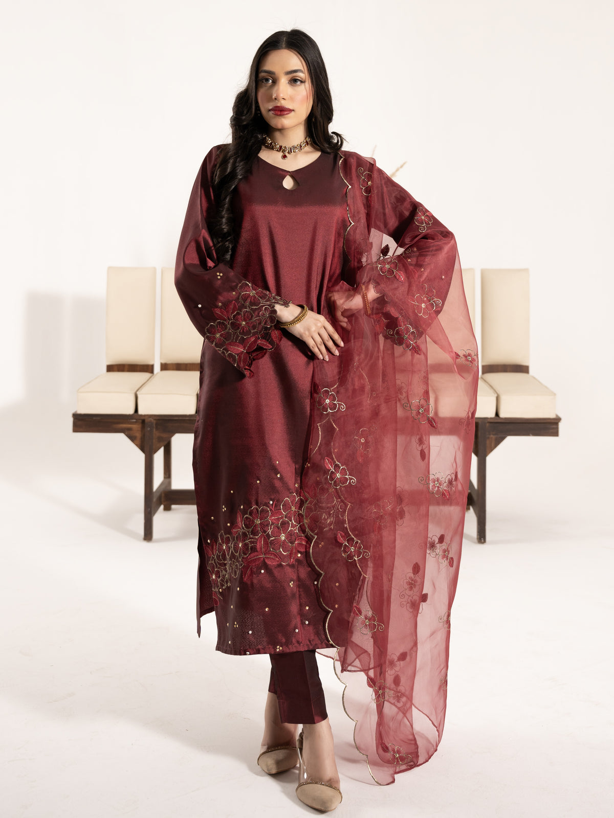 Swarovski Hand Embellished Silk 3pc Suit-Burnt Maroon