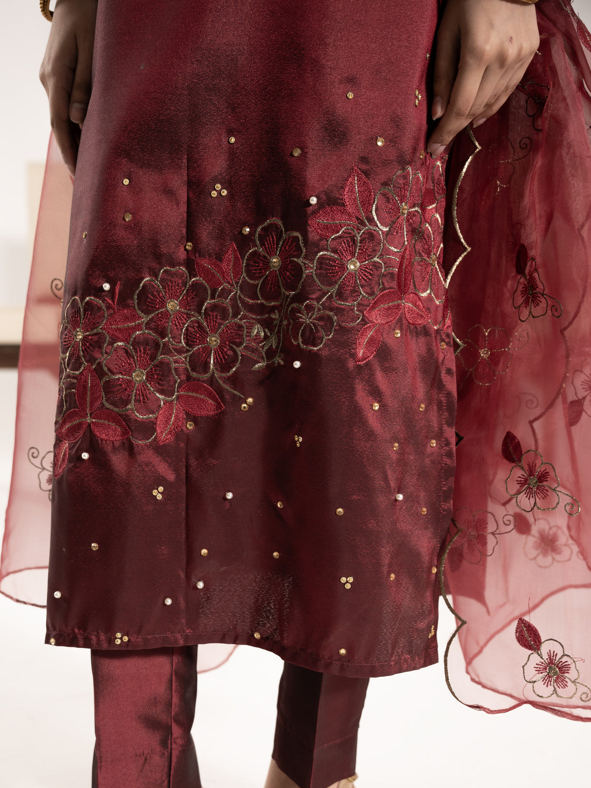 Swarovski Hand Embellished Silk 3pc Suit-Burnt Maroon