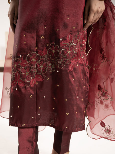 Swarovski Hand Embellished Silk 3pc Suit-Burnt Maroon