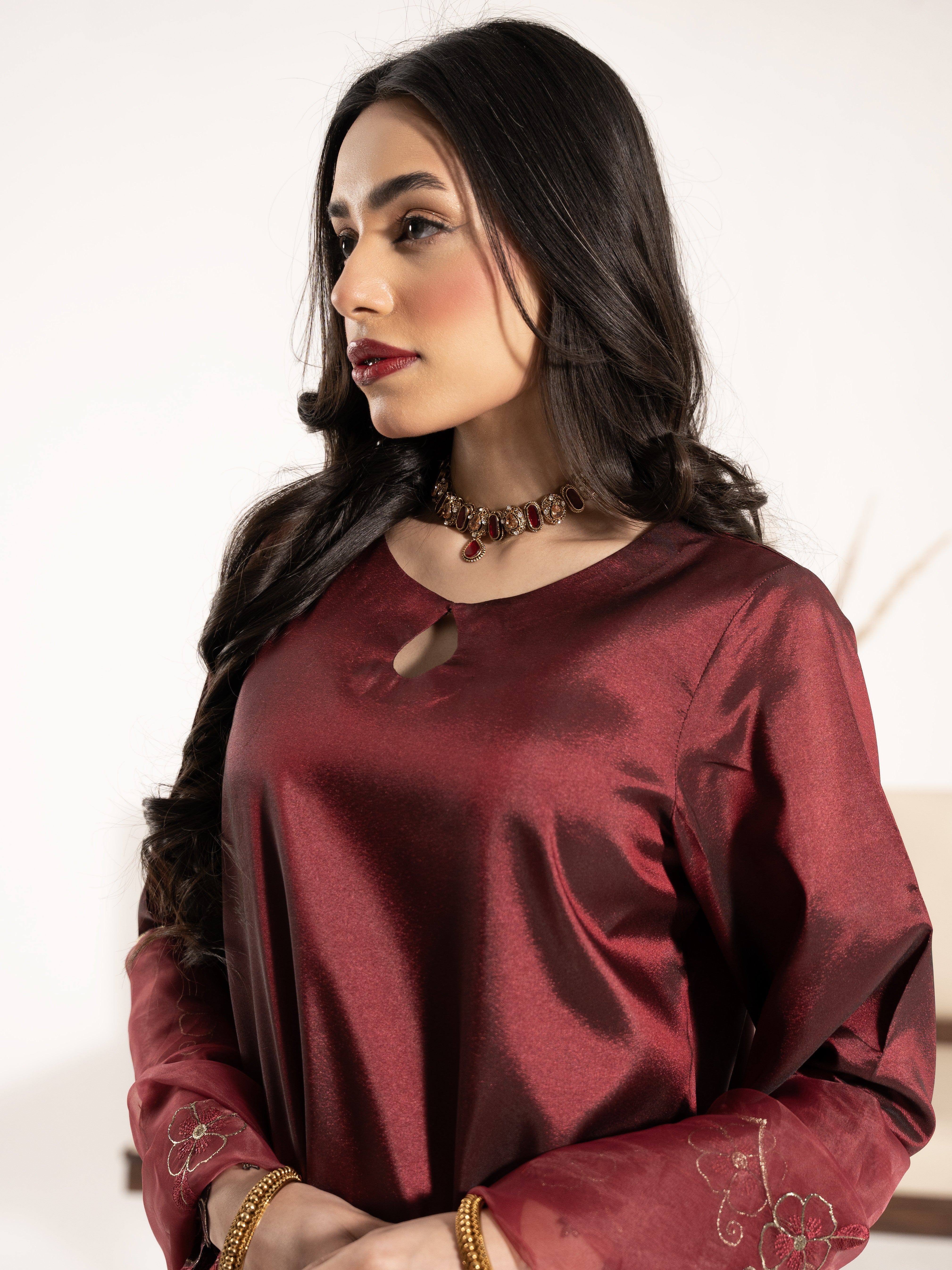 Swarovski Hand Embellished Silk 3pc Suit-Burnt Maroon