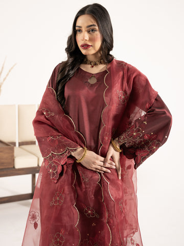 Swarovski Hand Embellished Silk 3pc Suit-Burnt Maroon
