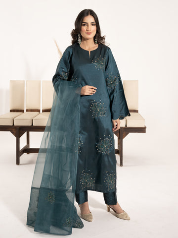 Swarovski Hand Embellished Silk 3pc Suit-Teal