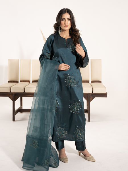 Swarovski Hand Embellished Silk 3pc Suit-Teal