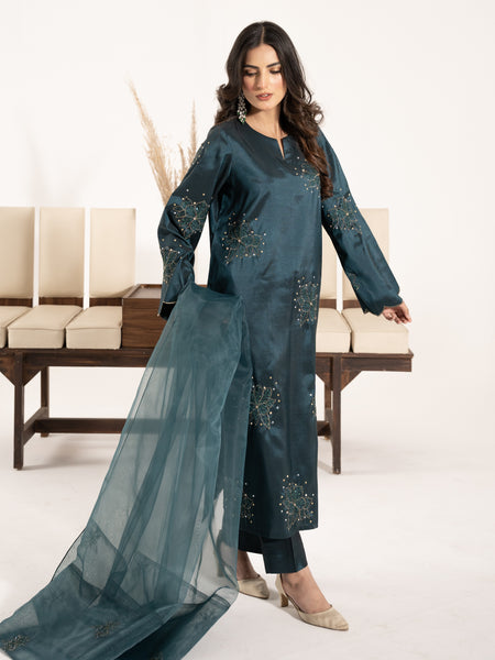 Swarovski Hand Embellished Silk 3pc Suit-Teal