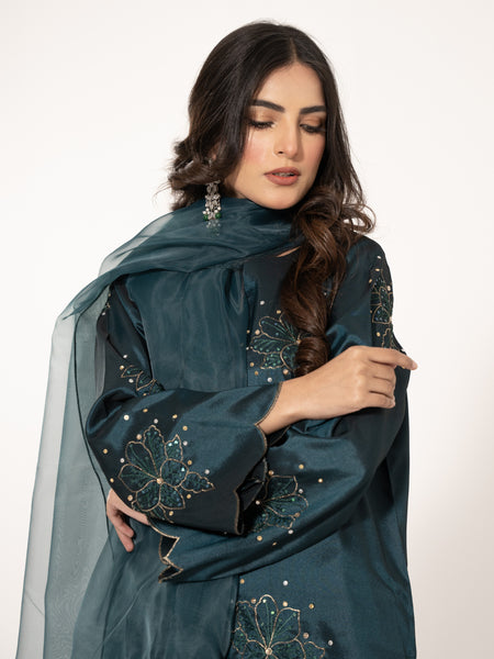 Swarovski Hand Embellished Silk 3pc Suit-Teal