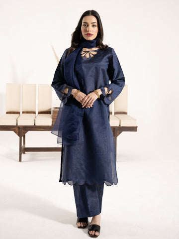 Raw Silk 3pc Suit-Navy Blue