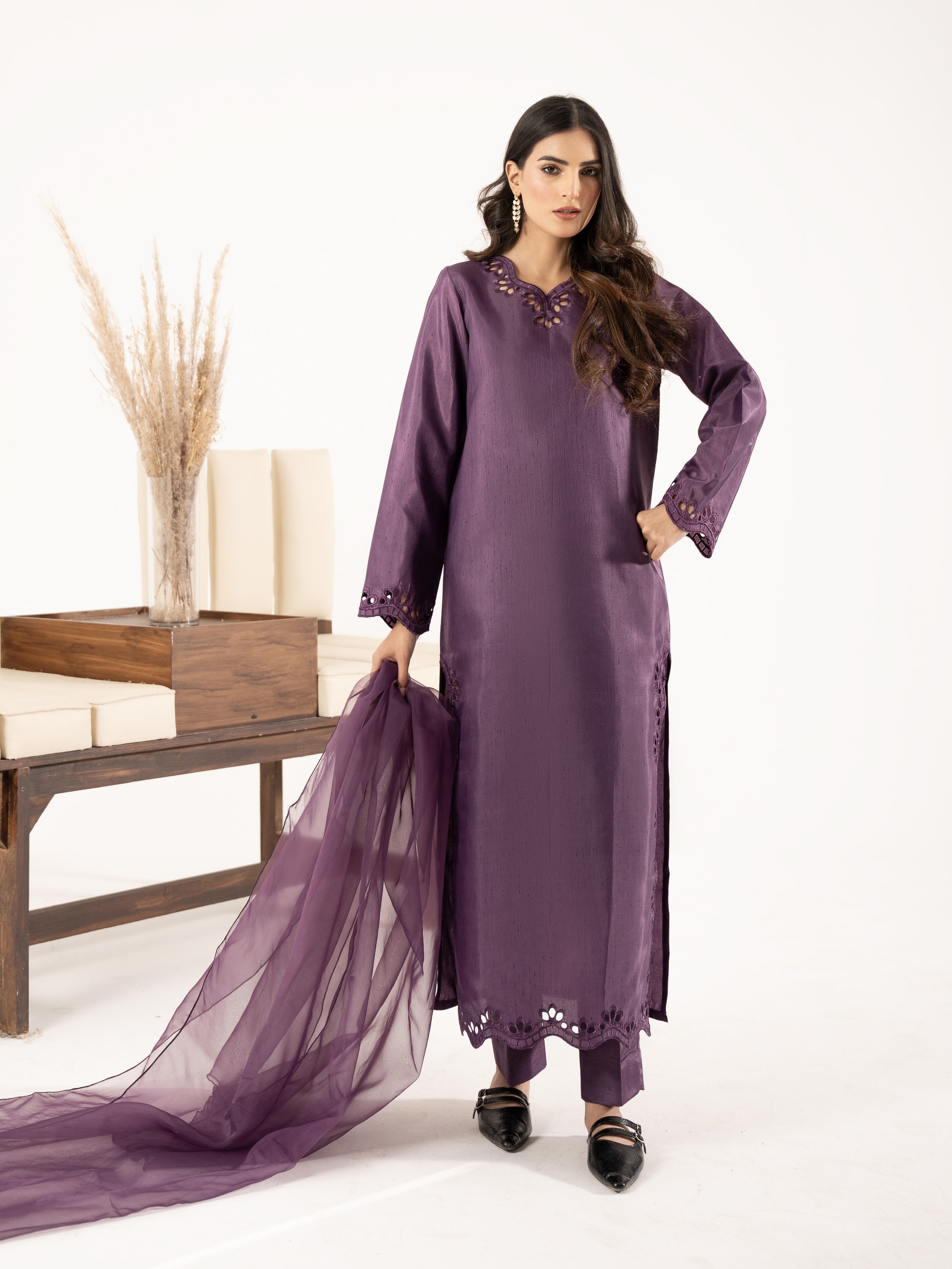 Raw Silk 3pc Suit- Purple
