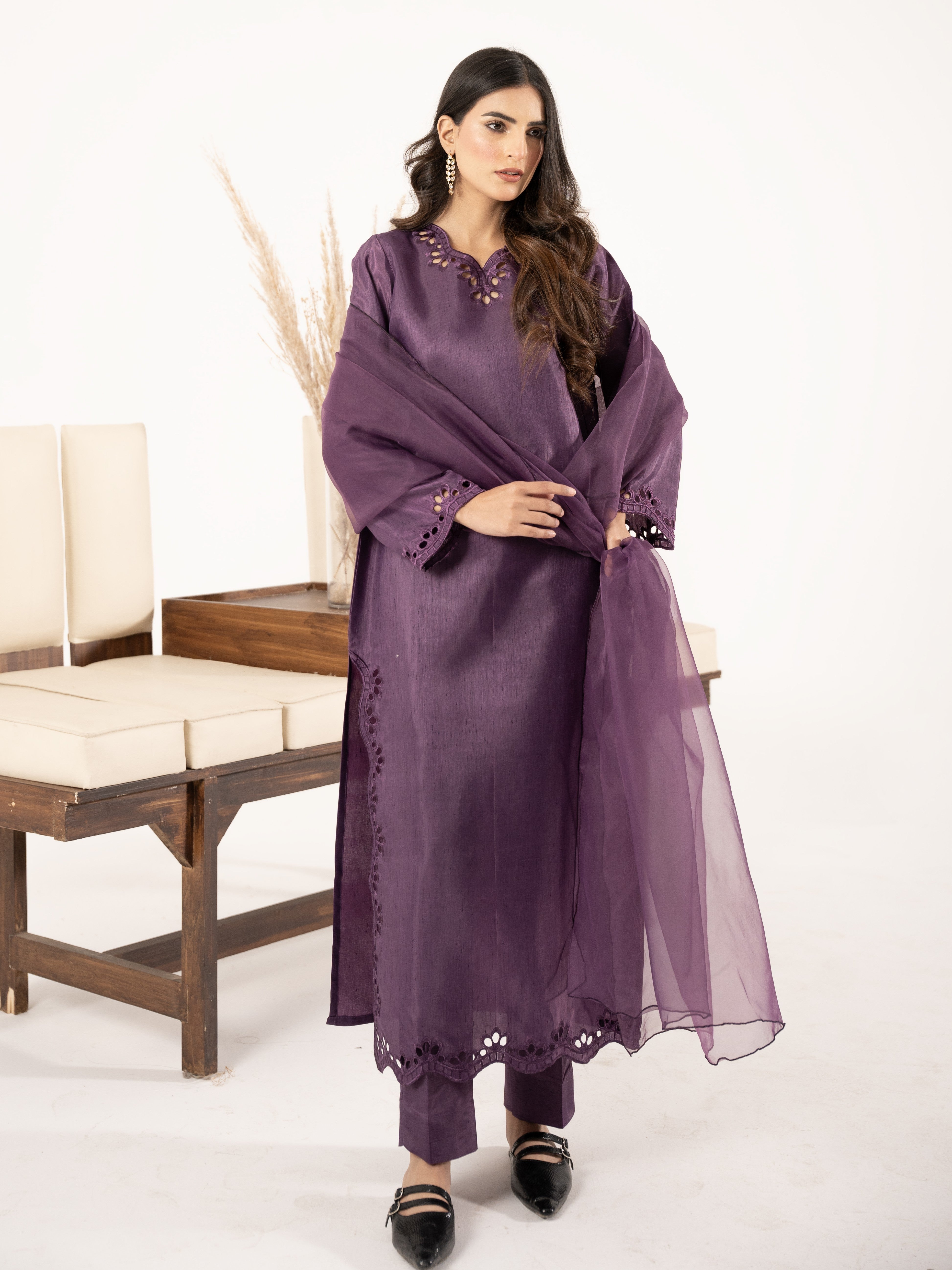 Raw Silk 3pc Suit- Purple