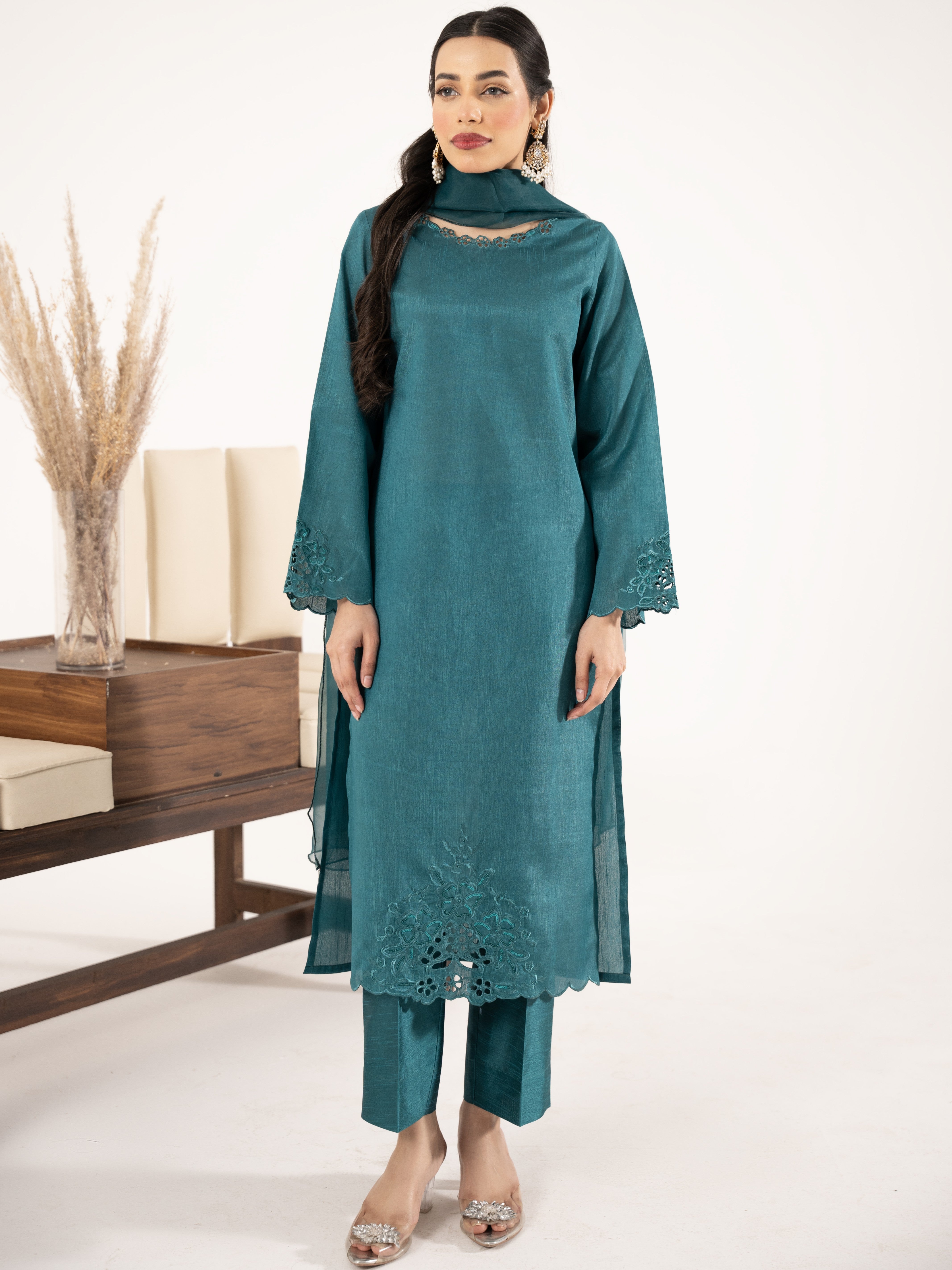 Raw Silk 3pc Suit-Sea Green