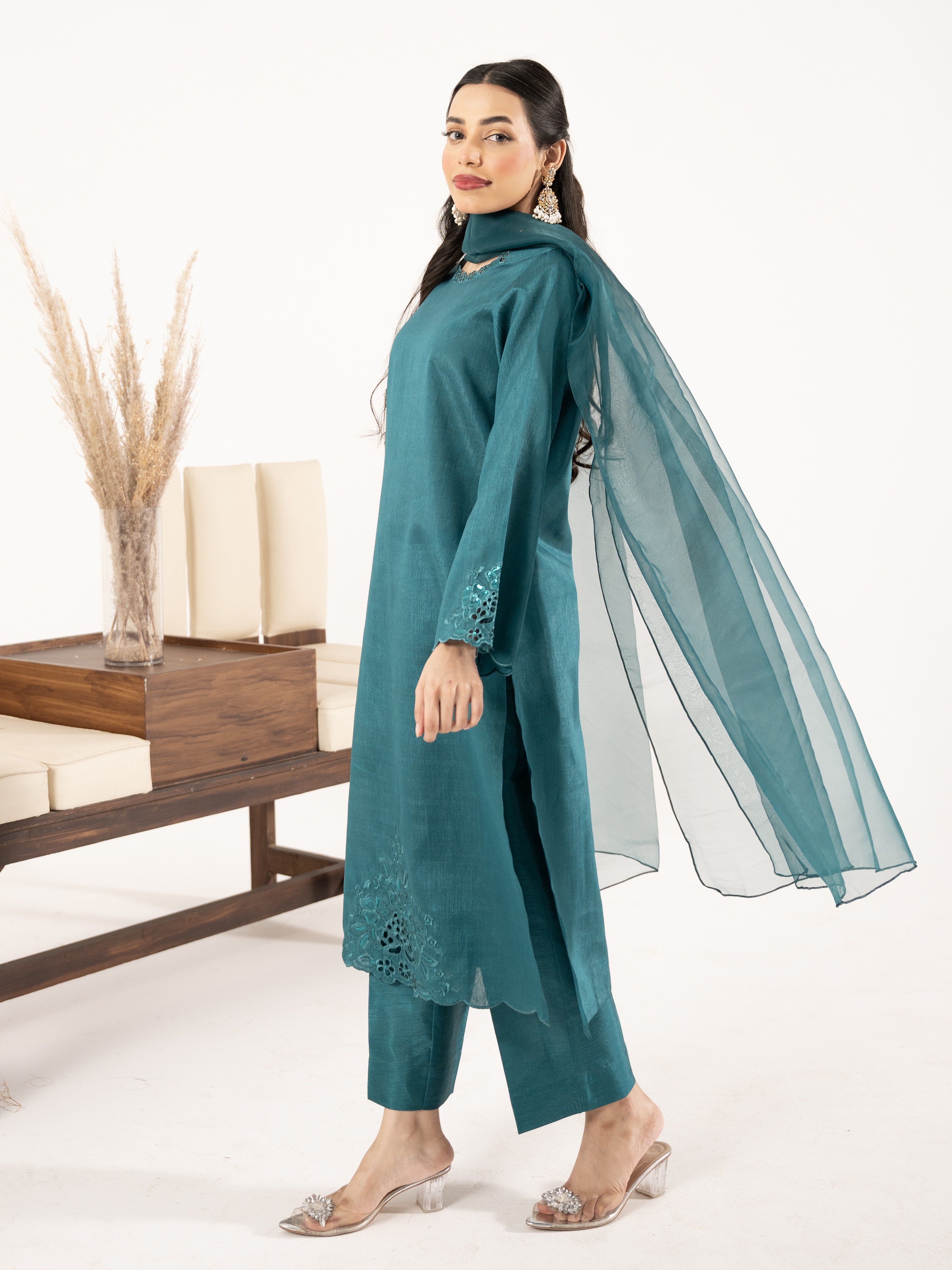 Raw Silk 3pc Suit-Sea Green