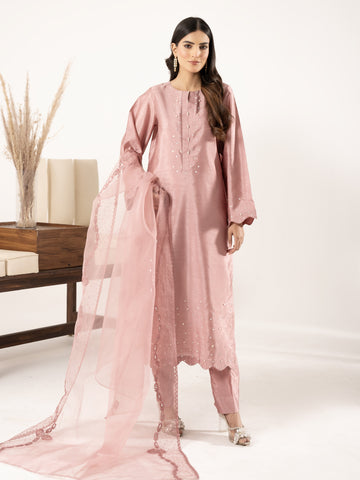 Swarovski Hand Embellished Raw Silk 3pc-Tea Pink