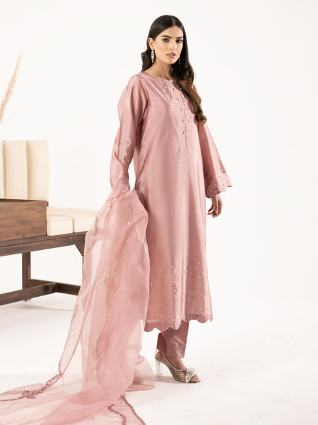 Swarovski Hand Embellished Raw Silk 3pc-Tea Pink