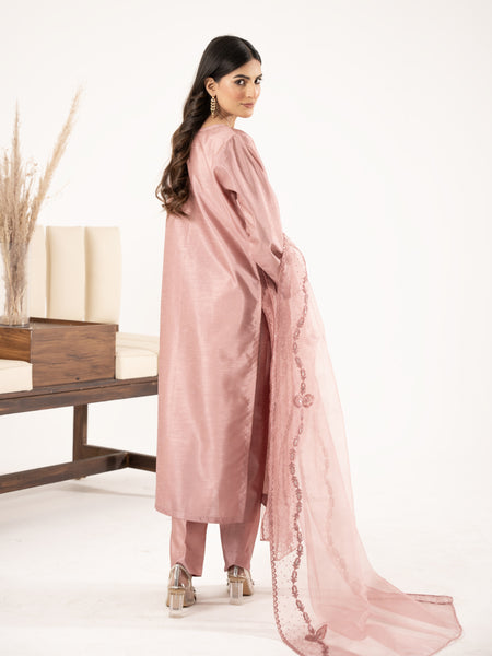 Swarovski Hand Embellished Raw Silk 3pc-Tea Pink