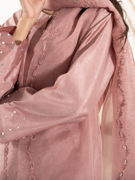 Swarovski Hand Embellished Raw Silk 3pc-Tea Pink