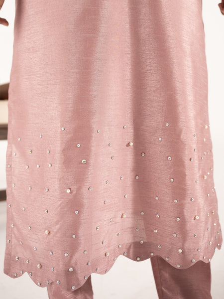 Swarovski Hand Embellished Raw Silk 3pc-Tea Pink