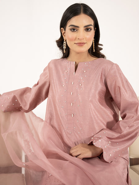 Swarovski Hand Embellished Raw Silk 3pc-Tea Pink