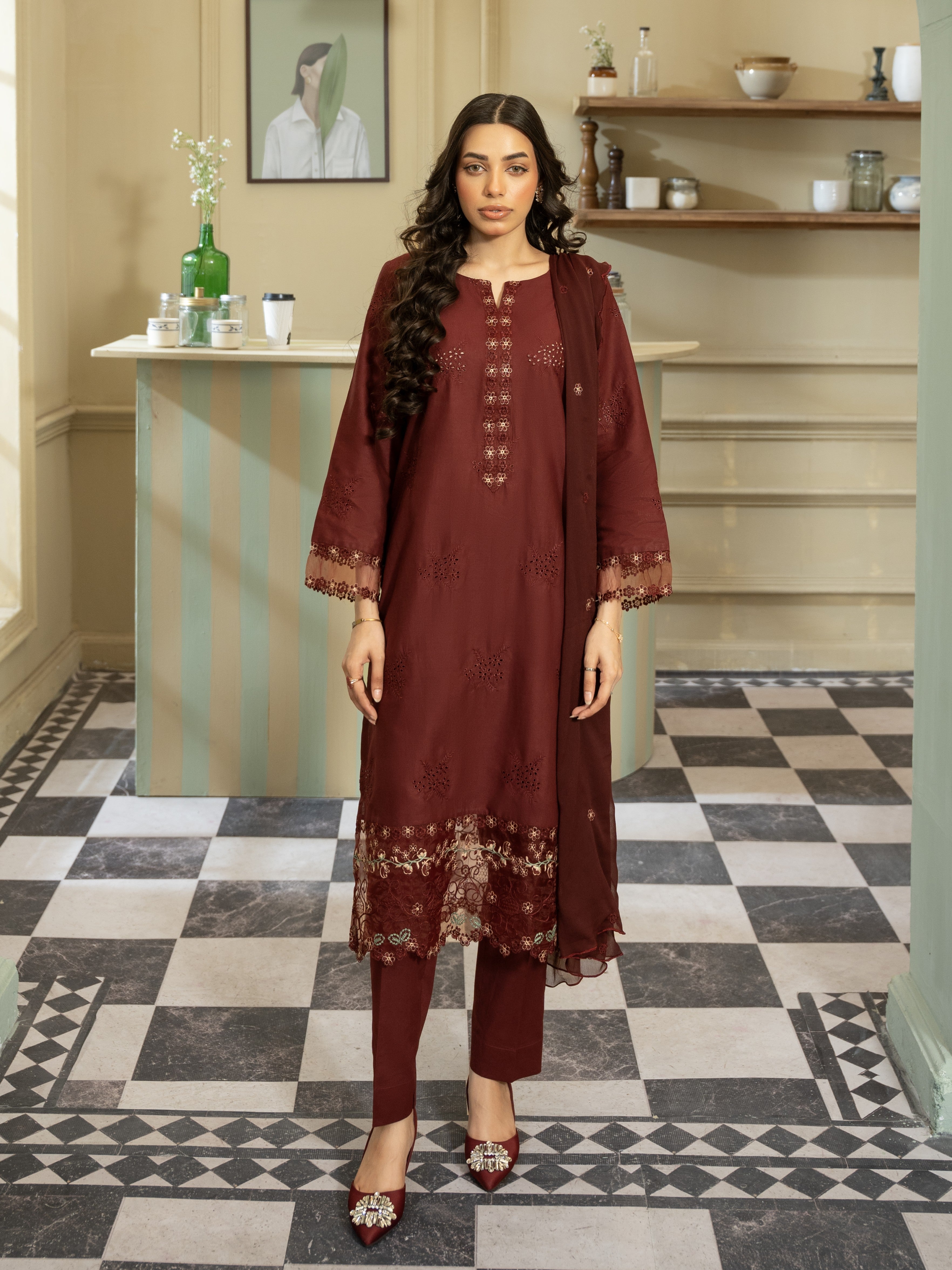 Maroon Embroidered Lawn 3pc Suit